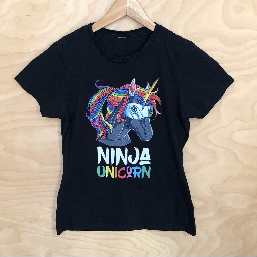 Ninja Unicorn Short Sleeve T-Shirt  Kids Small Black Horse Graphic.